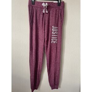 Justice Maroon Silver Sparkle Logo Mid Rise Full Length Girls’ Joggers Size 10